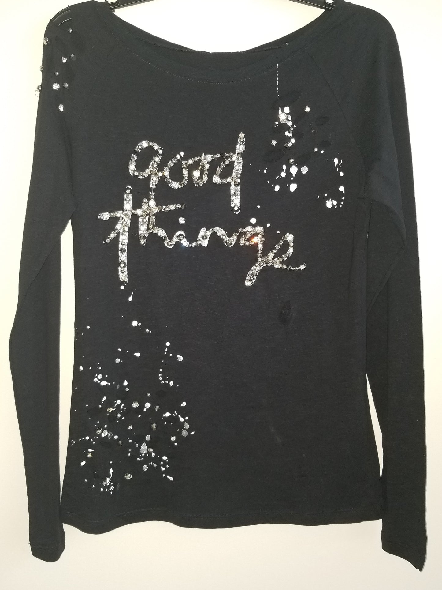 Distressed Top With Rhinestones and Cutouts